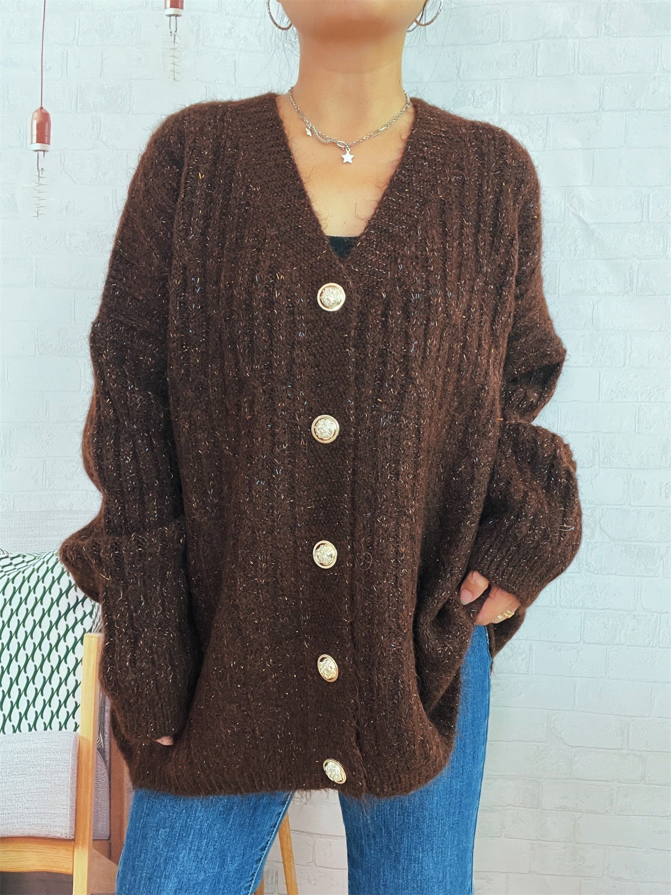 Damen Strickjacke Oversized Weiches Material Goldene Knöpfe Beige