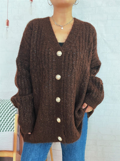 Damen Strickjacke Oversized Weiches Material Goldene Knöpfe Beige