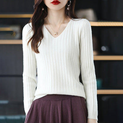 Damen Strickpullover V-Ausschnitt Feine Rippenstruktur Eveloria