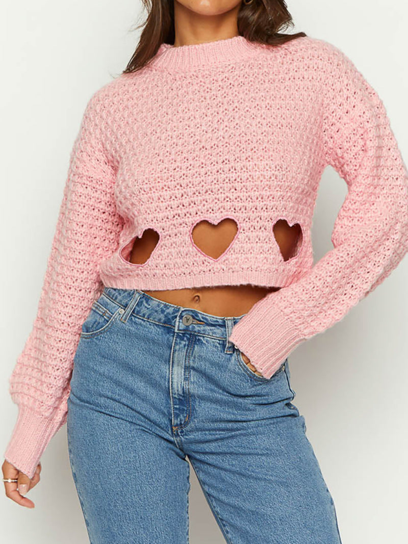 Damen Strickpullover Herz-Ausschnitte Crop-Design
