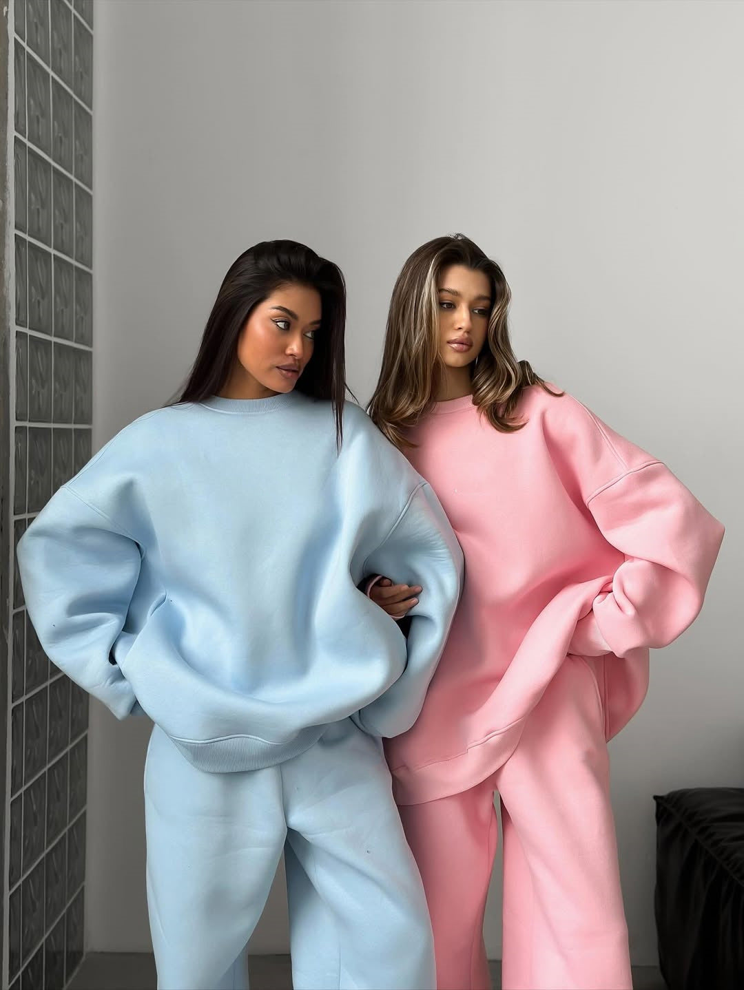 Damen Oversized Sweatshirt Jogginghose Set Grau Eveloria