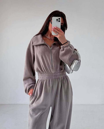 Damen Fleece-Jogginganzug mit Halb-Reißverschluss und elastischem