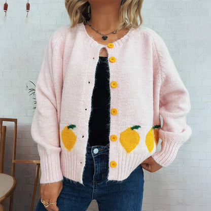 Damen Strickjacke Zitronen-Motiv Bunt Knöpfe Eveloria