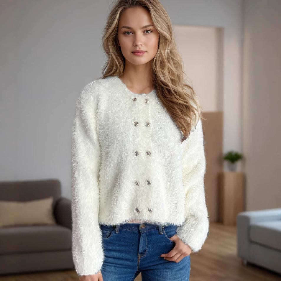 Damen Bolero Weich Gestrickt Herzknöpfe Rosa - Eveloria