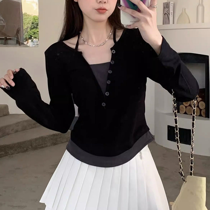Damen Langarmshirt Moderner Knopfleistentwurf Lässiger Schnitt