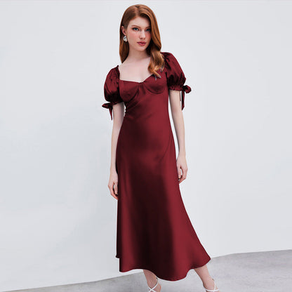 Damen Midi-Kleid Puffärmel V-Ausschnitt Eveloria