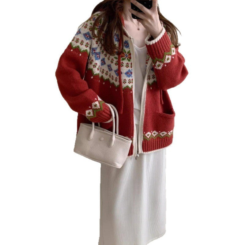 Damen Strickjacke Farbenfroh Muster Taschen Eveloria