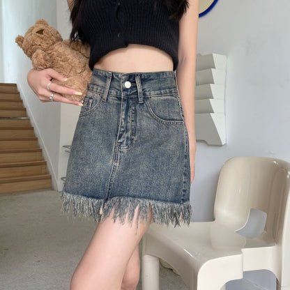 Damen Denim Shorts Fransiger Saum Hochbund