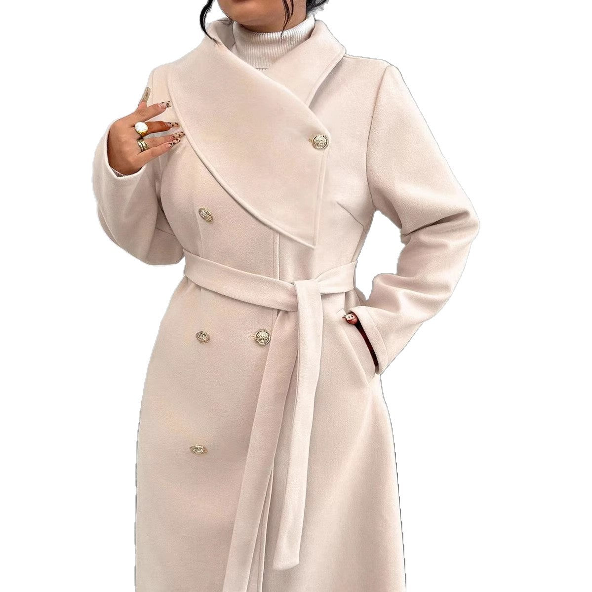 Damen Wollmantel Elegant Doppelter Knopfleiste Gürtel Eveloria