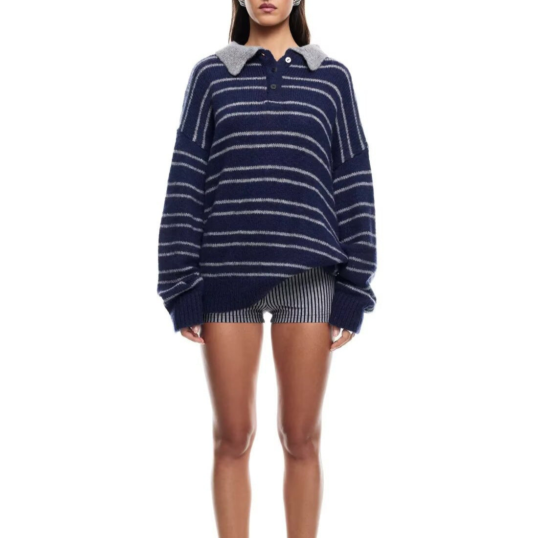 Damen Pullover Kontrastkragen Modern Streifen Grau Eveloria - Eveloria