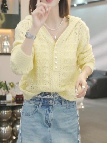 Damen Strickpullover Kapuze Edelknöpfe Eveloria
