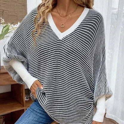 Damen Strickpullover Streifenlook V-Ausschnitt