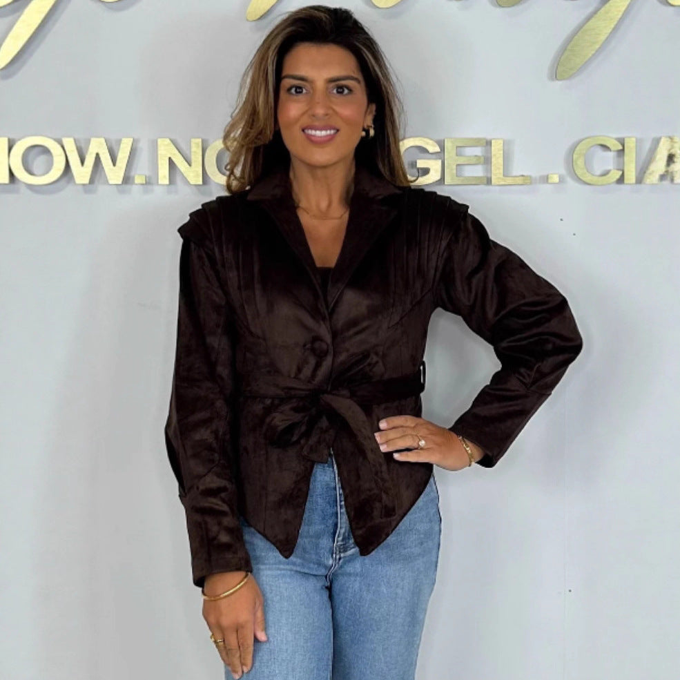 Damen Wildlederjacke Taillengürtel Eveloria