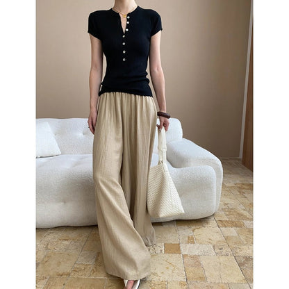 Damen Leinenhose Bequem Weit Schnitt Beige