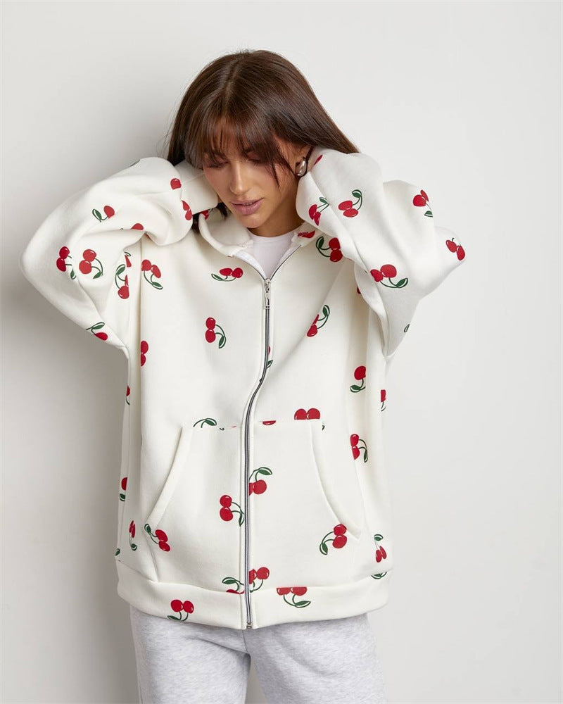 Damen Hoodie Kirschmuster Kapuze Frisch