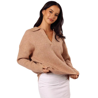 Damen Oversized Pullover V-Ausschnitt Rippenstruktur Beige