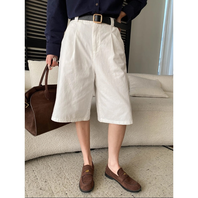 Damen Chino Shorts Hochwertig Falten Gürtel Detail Beige - Eveloria
