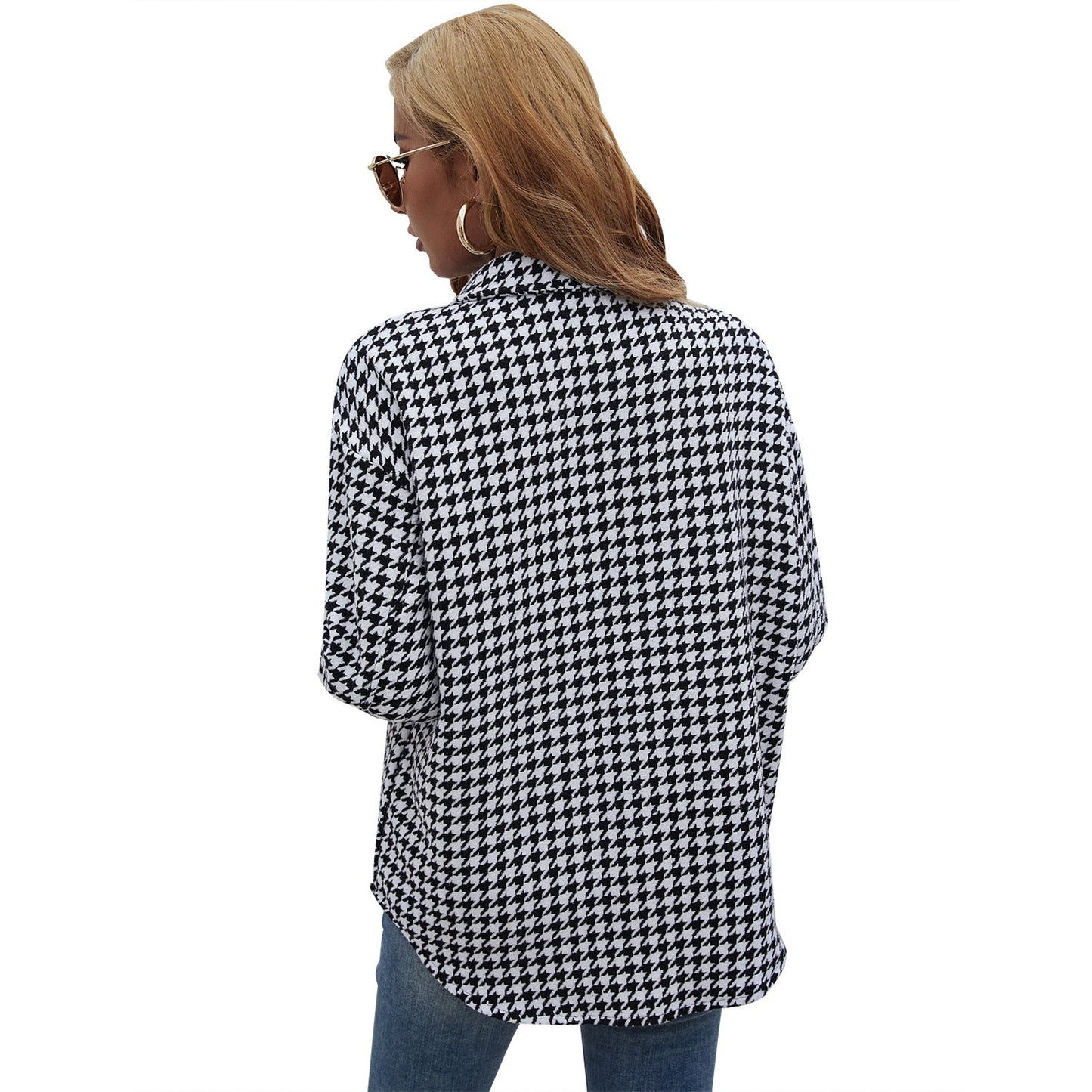 Damen Hemdjacke Hahnentritt-Muster Locker Passform Blauweiß