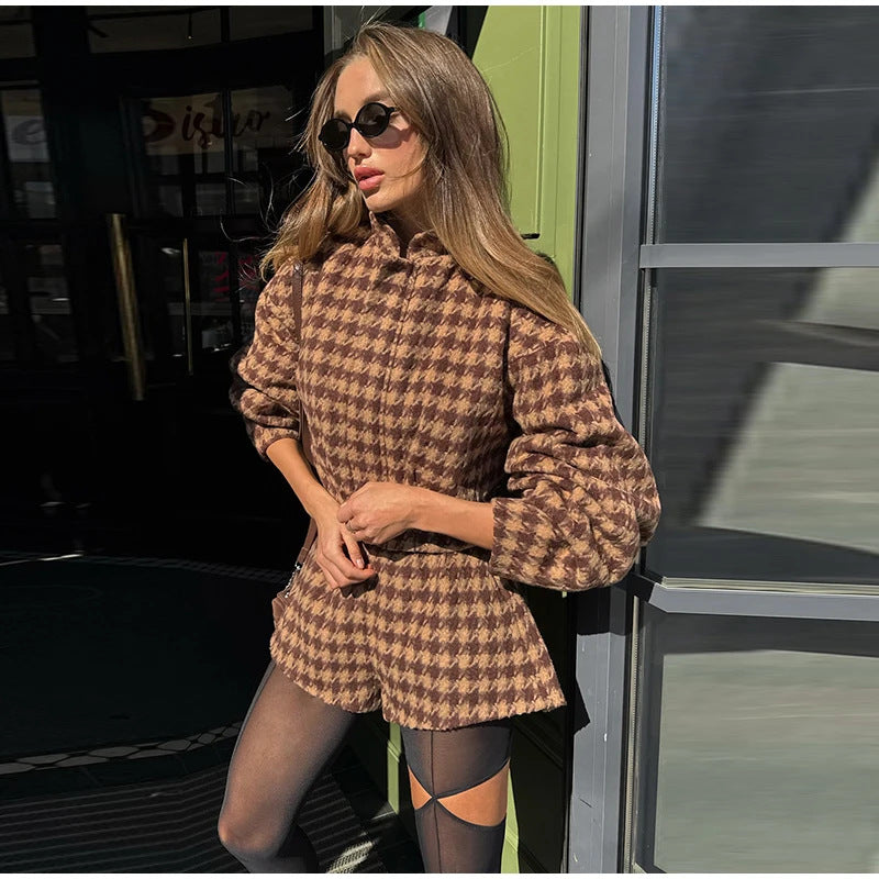 Damen Modische Jacke Puffärmel Karomuster Eveloria