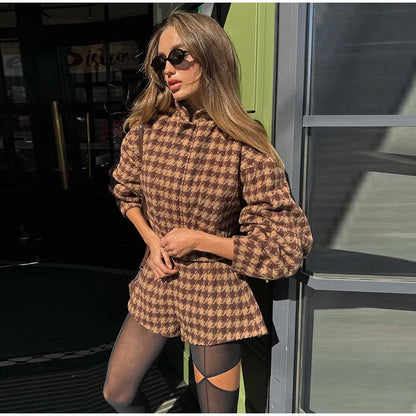 Damen Modische Jacke Puffärmel Karomuster Eveloria