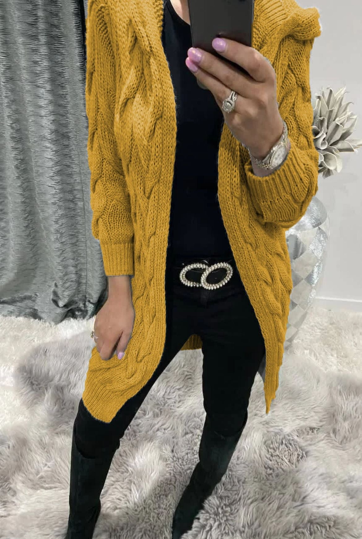 Damen Cardigan Grobstrick Zopfdesign Beige mit Taschen