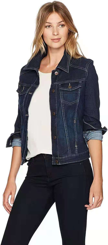 Damen Denimjacke Klassisch Dekorative Nähte Blau Eveloria