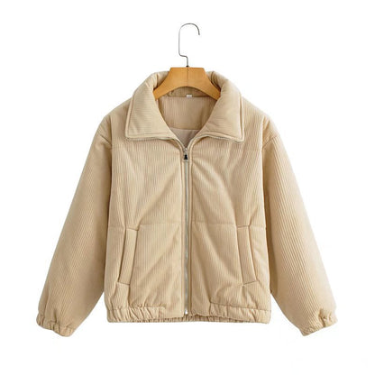 Damen Cordjacke Hochkragen Elastisch Braun