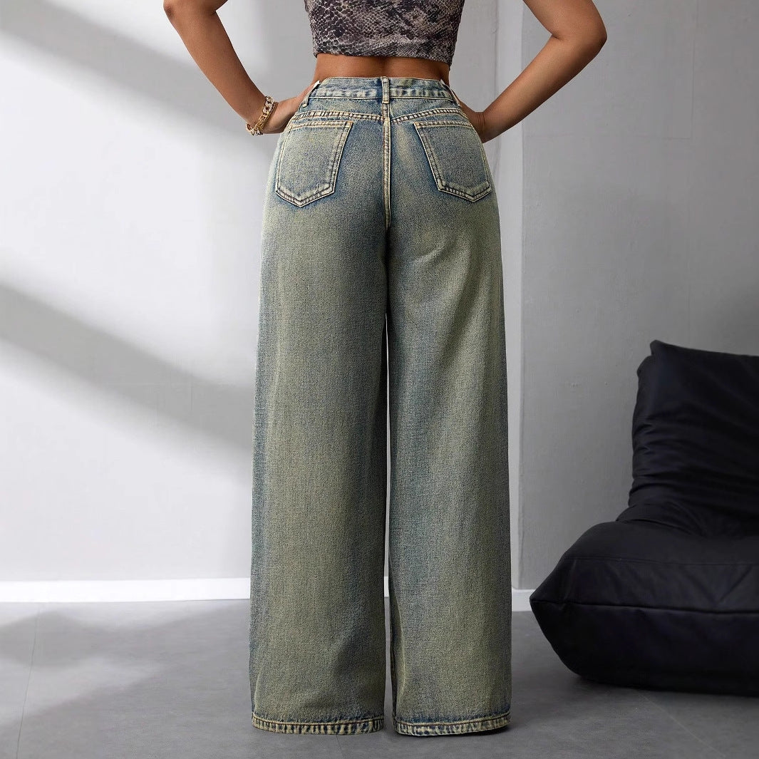 Damen High-Waist Jeans Vintage-Stil Weite Bein Lässig Blau