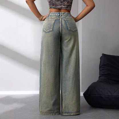 Damen High-Waist Jeans Vintage-Stil Weite Bein Lässig Blau