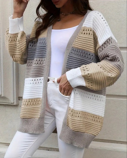 Damen Strickcardigan Groß Lochmuster Farbblockdesign Eveloria