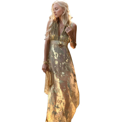 Damen Maxi-Kleid Hippie-Stil Baumwolle Gold Blütenmuster