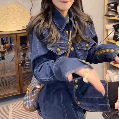 Damen Jeansjacke Mit Goldknöpfen Blau Eveloria