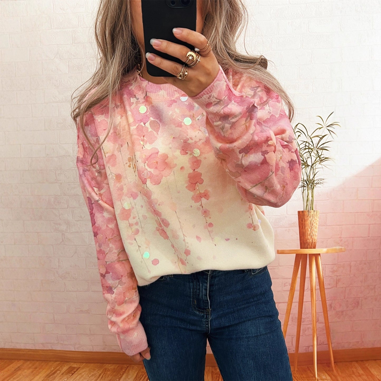 Damen Oversized-Pullover Floralmuster Kuschelstoff Beige