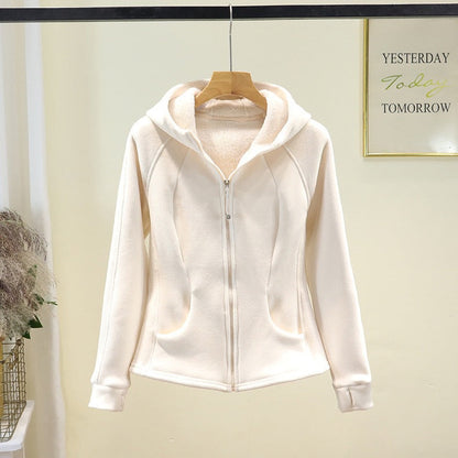 Damen Fleecejacke mit Reißverschluss und Kapuze Beige
