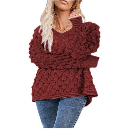 Damen Grobstrickpullover V-Ausschnitt Wellenmuster Eveloria