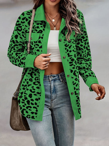 Damen Kordjacke Leo-Print Brusttaschen Eveloria