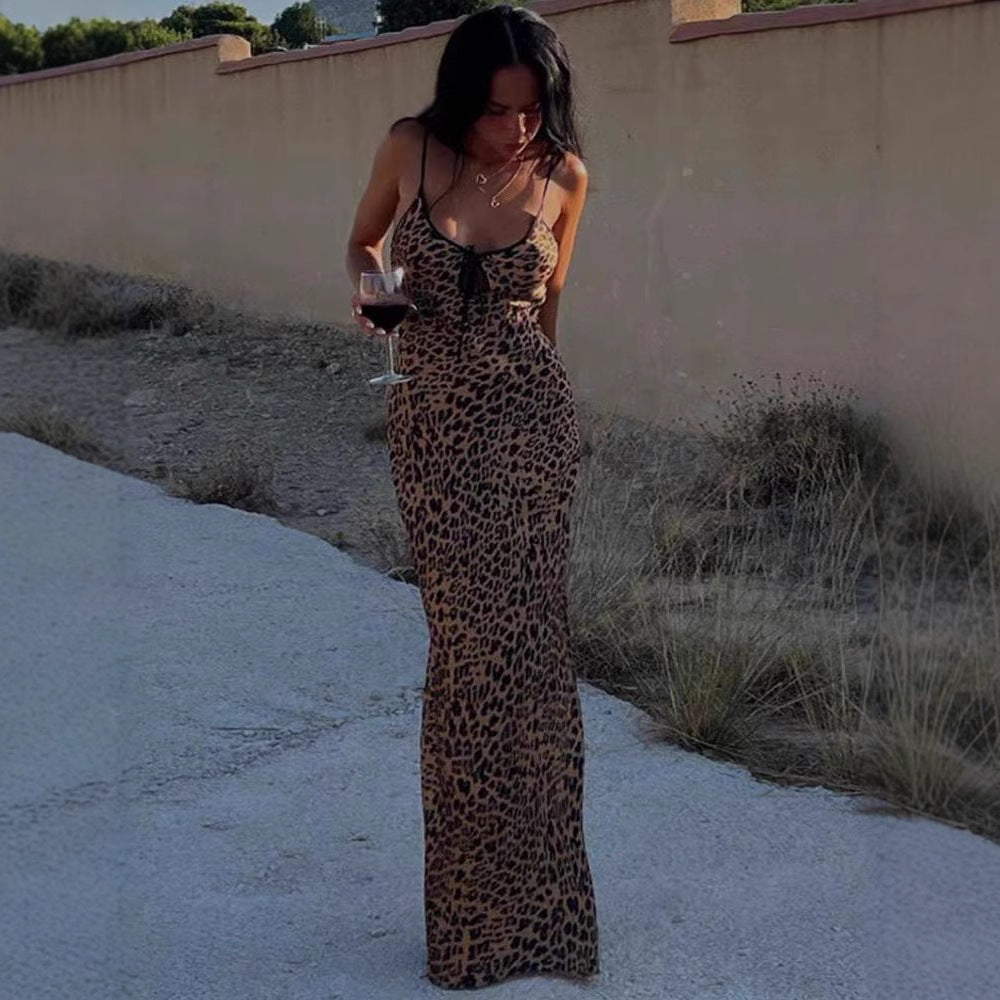 Damen Maxikleid Leopardenmuster Figurbetonung Schnürdetail Schwarz - Eveloria