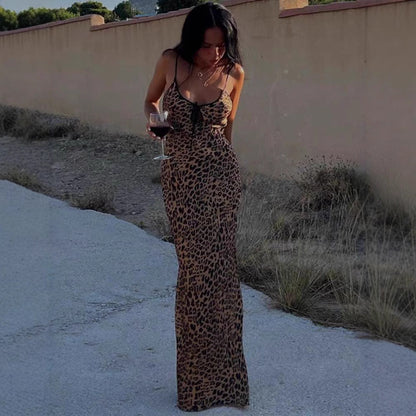 Damen Maxikleid Leopardenmuster Figurbetonung Schnürdetail Schwarz - Eveloria