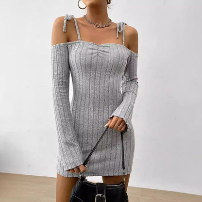 Damen Minikleid Schulterfrei Rippstrick Eveloria
