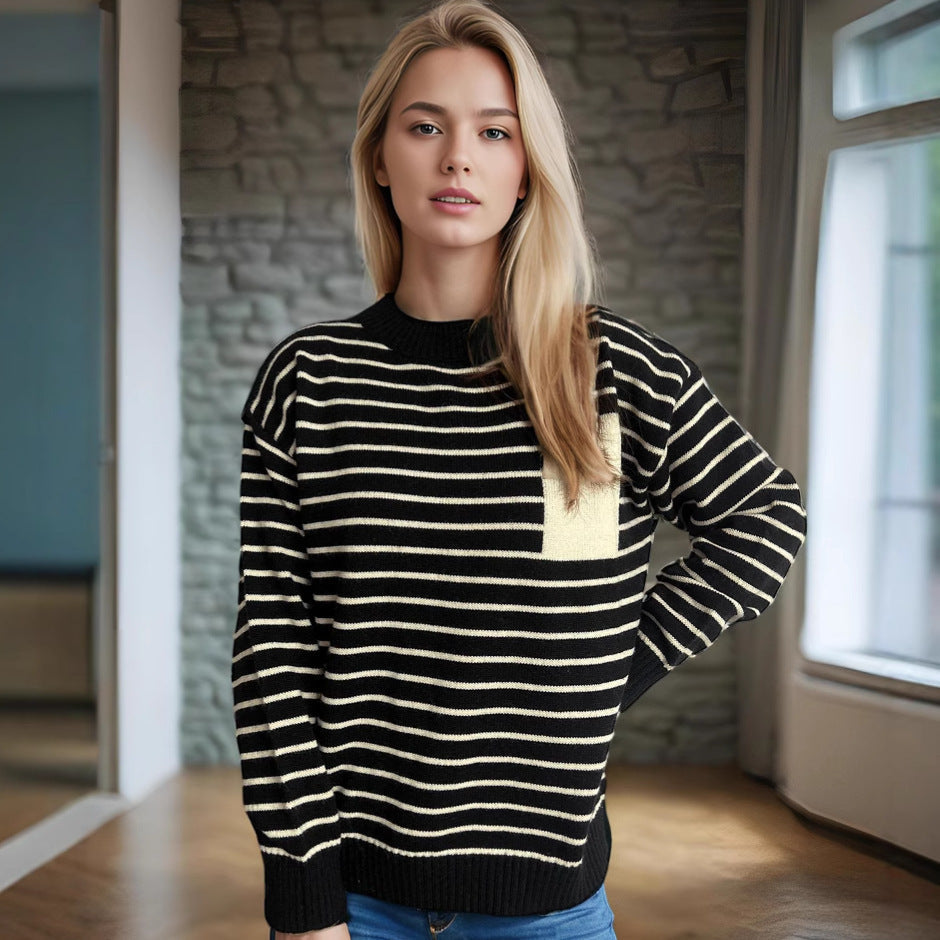 Damen Pullover Gestreift Lässig Breite Ärmel Grau Eveloria