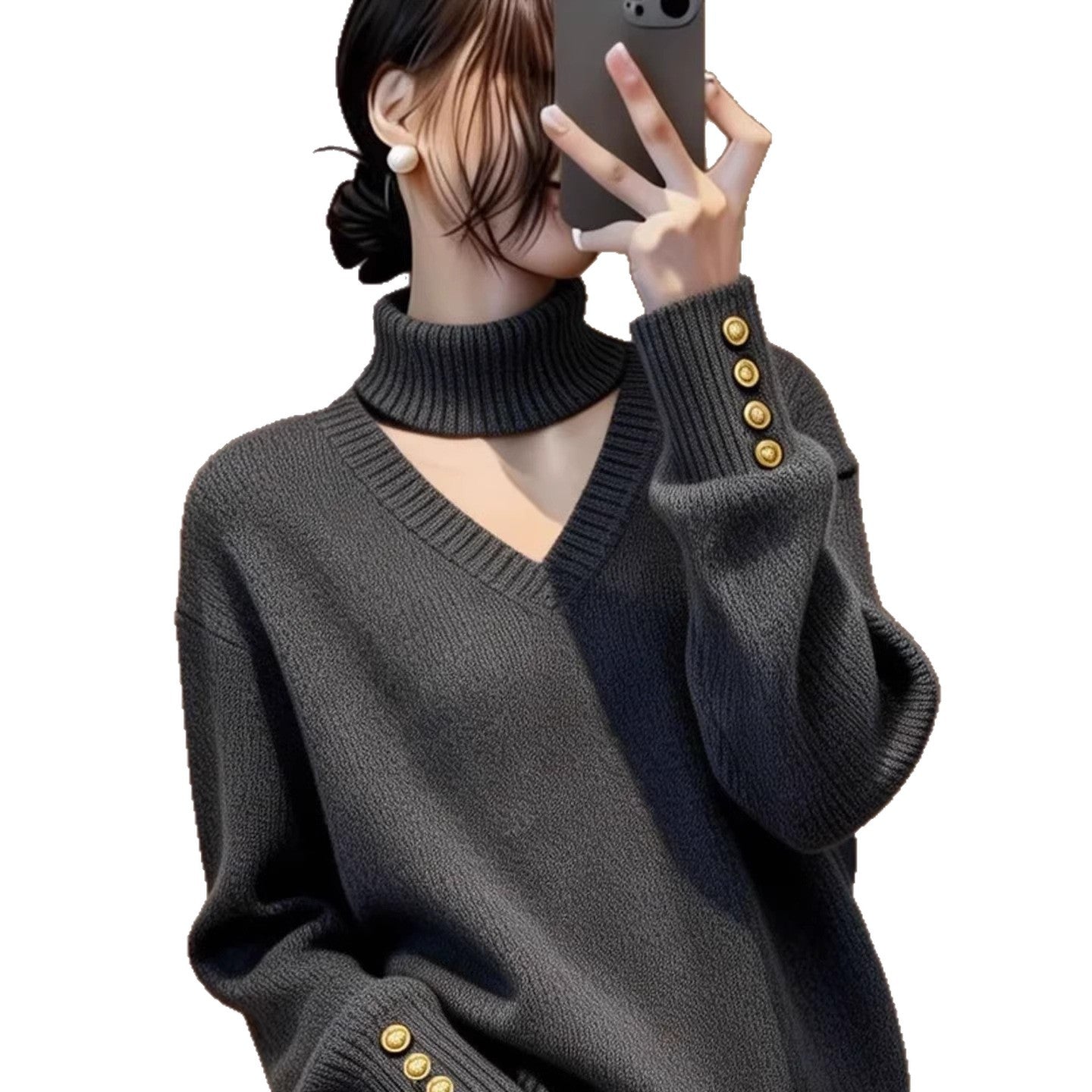 Damen Strickpullover Rollkragen Knöpfe Eveloria