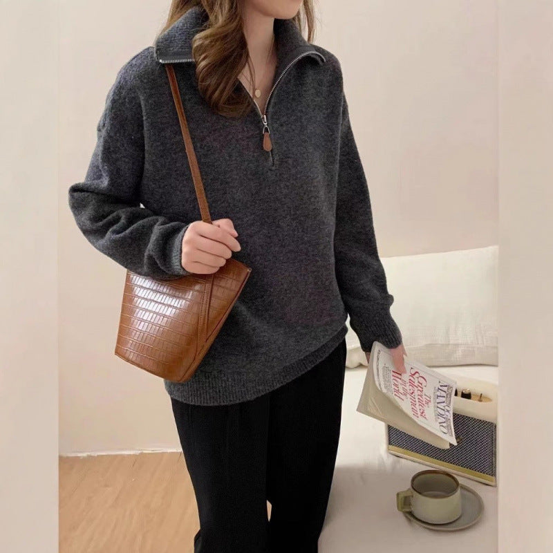 Damen Pullover Stehkragen Reißverschluss Eveloria