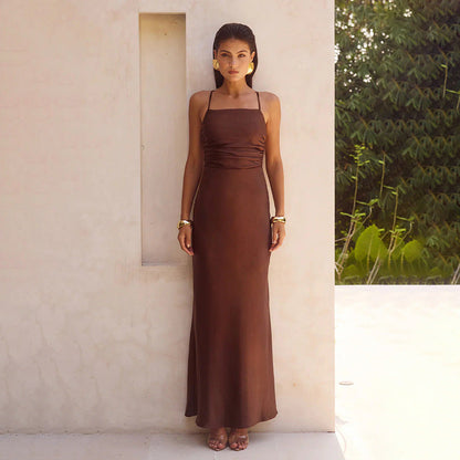 Damen Maxikleid Raffungseffekt Spaghettiträger Eveloria