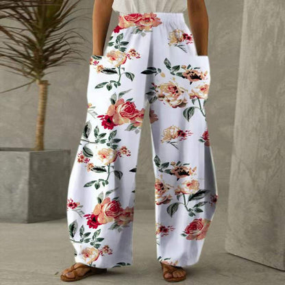 Damen Blumenhosen Weite mit Taschen Elastischer Bund