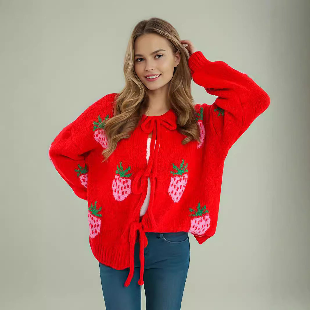 Damen Strickpullover Erdbeermotiv Rundhals Ballonärmel
