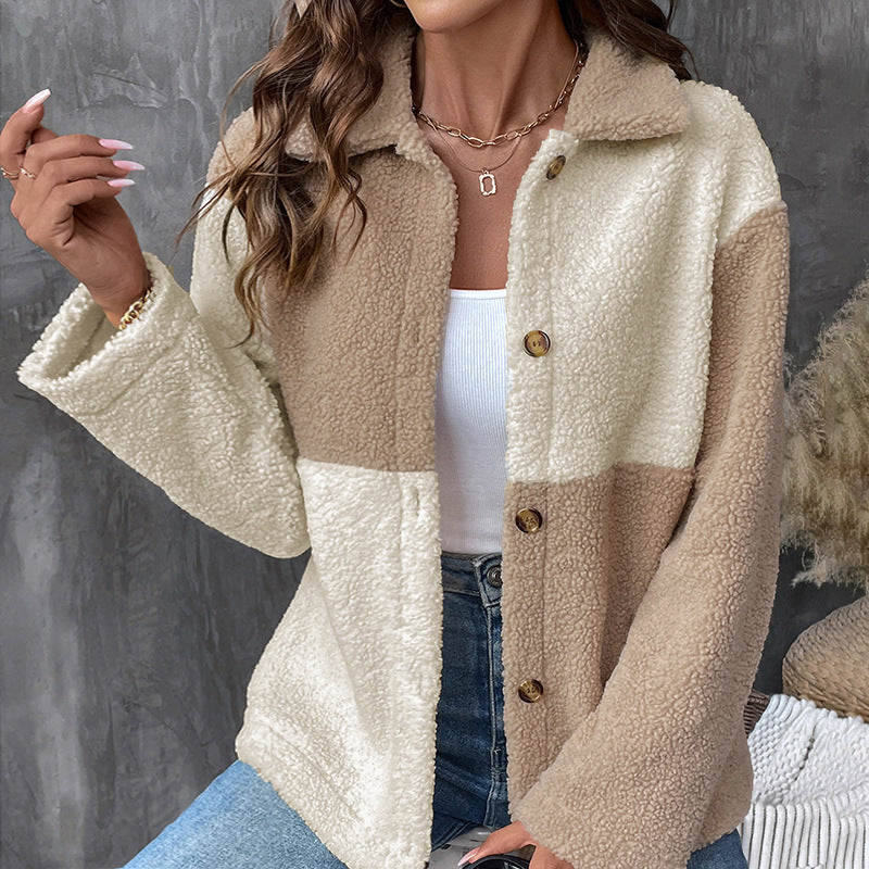 Damen Teddyjacke Nachhaltig Farbblockdetails Braun
