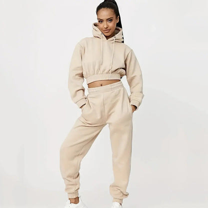 Damen Cropped Sweatanzug Elastisch Mit Kordelzug Beige