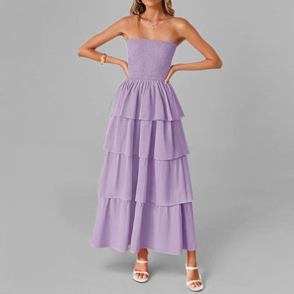 Damen Maxikleid Schulterfrei Voluminöse Rüschenschichten Eveloria