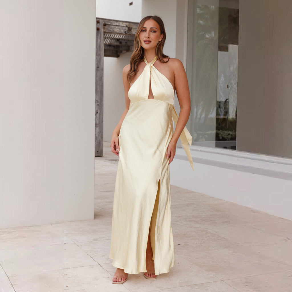 Damen Maxikleid Halterneck Schimmerstoff Seitenschlitz