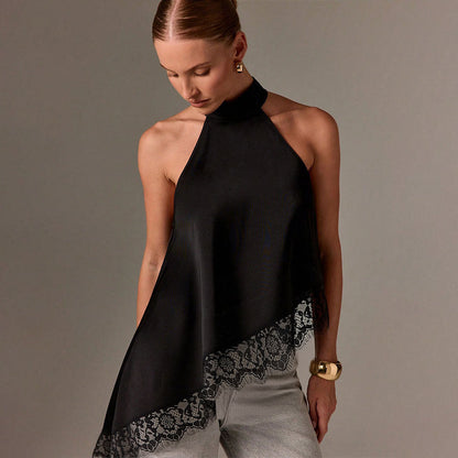 Damen Haltertop Spitzenbesatz Elegantes Design Schwarz - Eveloria
